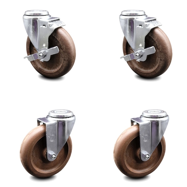 5 Inch High Temp Glass Filled Nylon Swivel Bolt Hole Caster Set with 2 Brakes